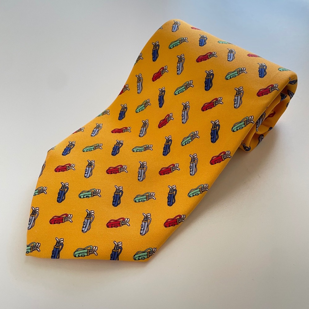 Robert Talbott Mens Yellow Silk Golf Bag Pattern Handsewn Necktie Sporty Classic
